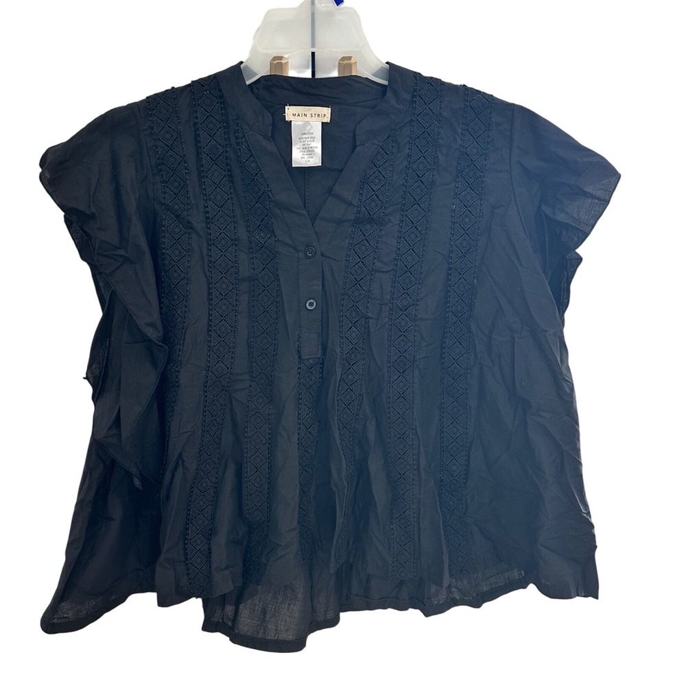 MAIN STRIP‎ Black Eyelet Lace Trim V-Neck Flutter Sleeve Tunic Top L